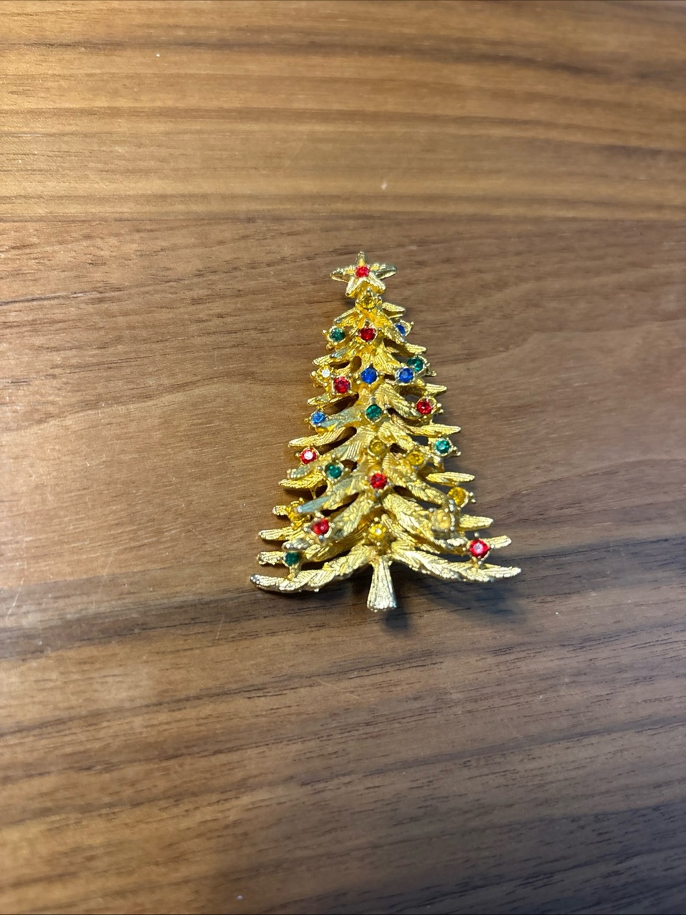 Gold-Tone Christmas Tree Brooch with Red, Green & Blue Accents
